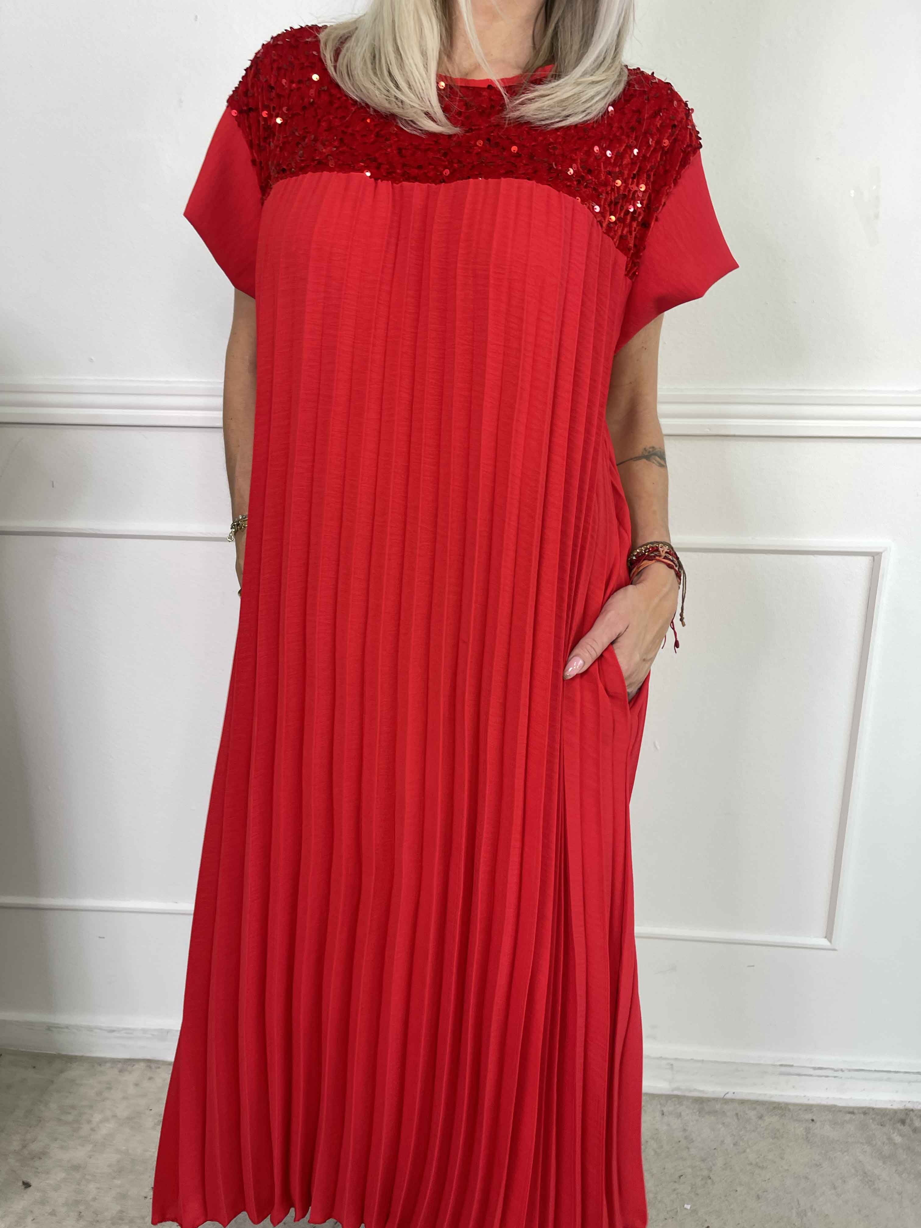 Nancy Party - Lang plisseret kjole med pailletter og velour